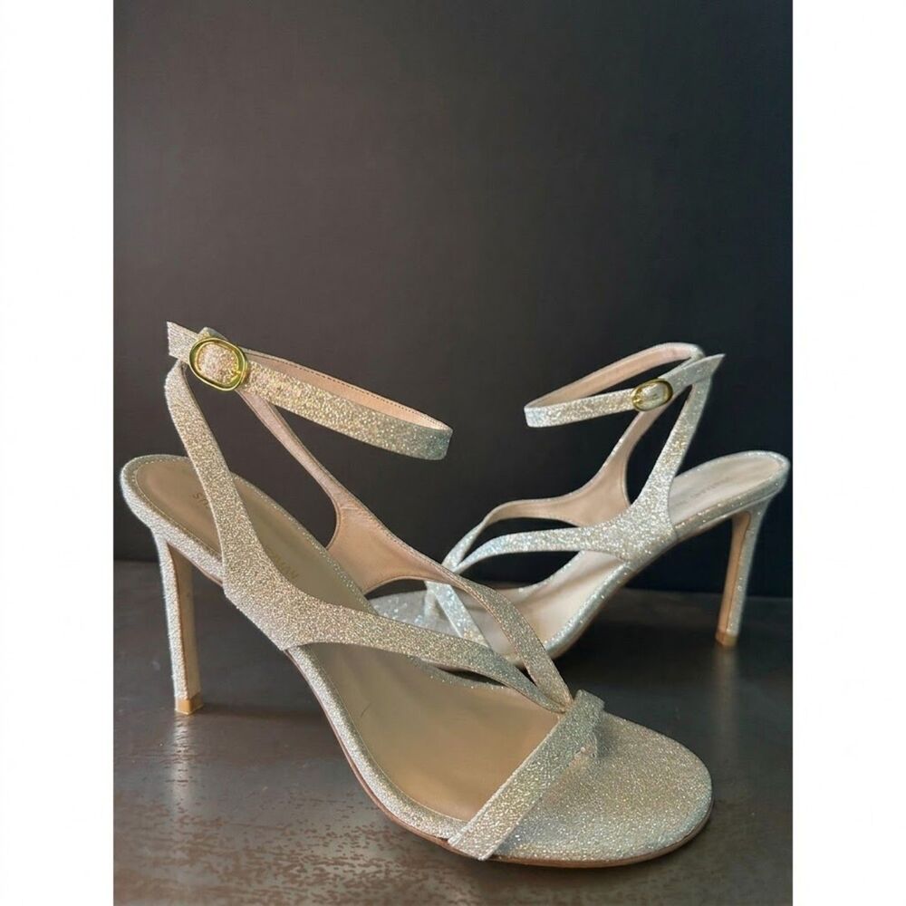 Stuart Weitzman Stiletto Sandal 9 Strappy Glam Wedding Glitter Gold Align 95